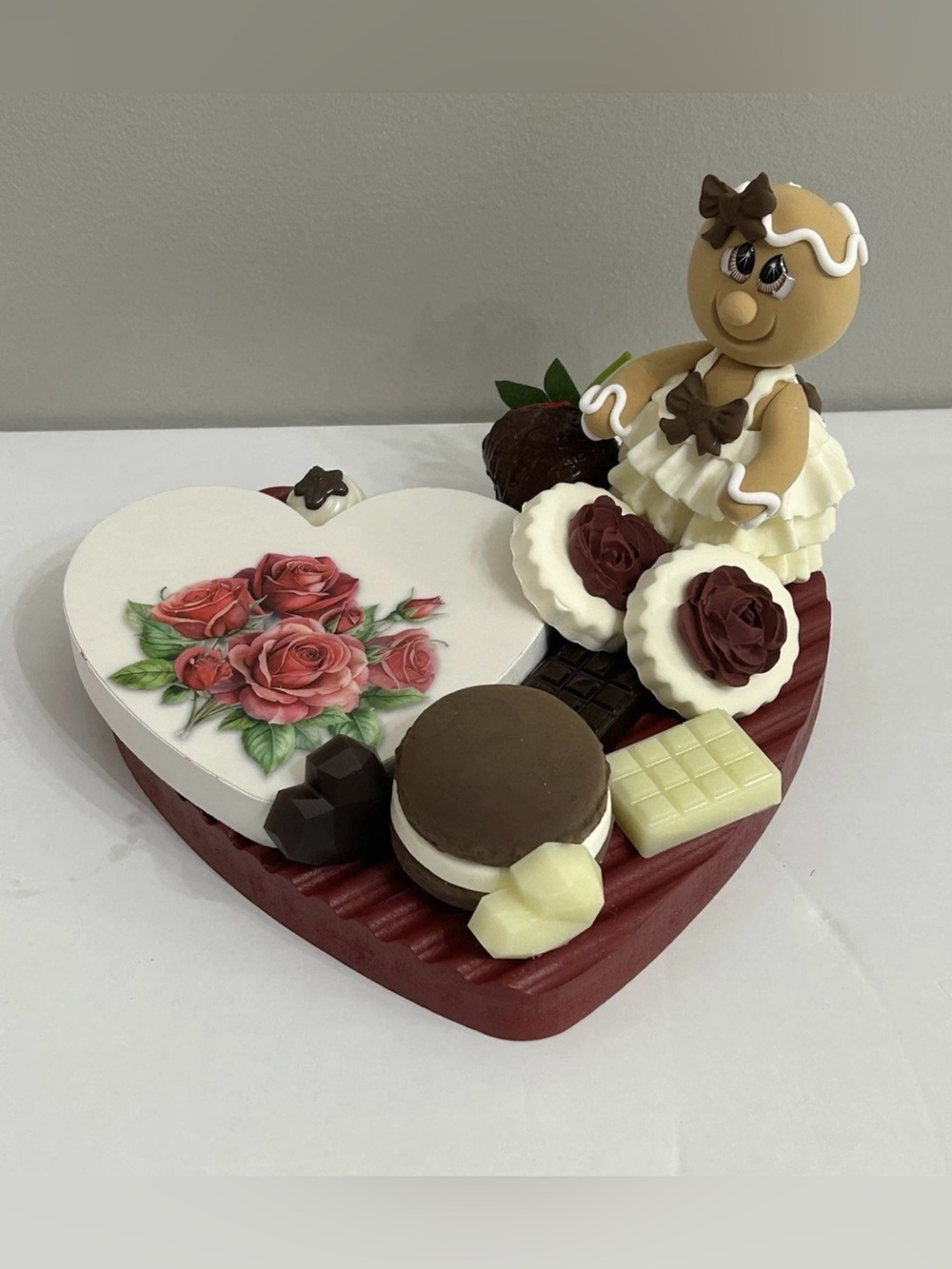 Fake Gingerbread with her Sweets Display Heart-Shaped with Rose Motif Handmade